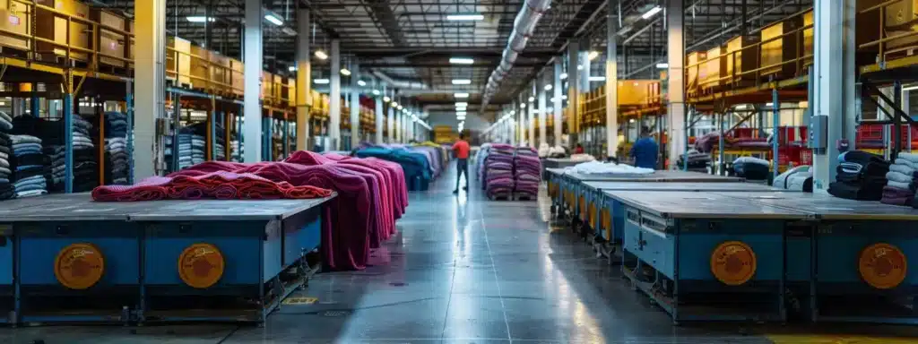 A bustling boston commercial laundry facility filled with industrial washers and dryers processing colorful loads of diverse fabrics, with workers efficiently sorting and folding clothes in the background. Commercial laundry services