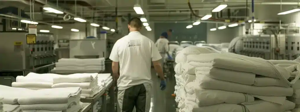 A bustling commercial laundry service in boston, efficiently handling piles of stained linens with ease. Boston commercial laundry services
