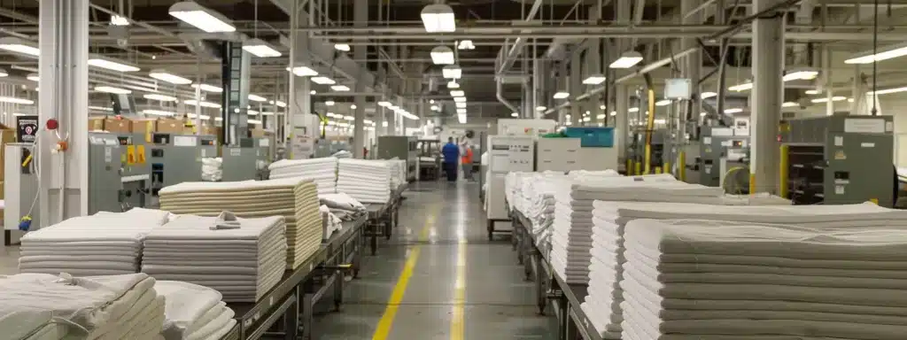 A bustling commercial laundry facility in boston, with rows of industrial machines humming, stacks of neatly folded linens, and workers in branded uniforms ensuring quality control and efficient service. Boston commercial laundry