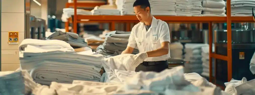 A busy hotel manager sorting through piles of crisp, clean linens with a commercial laundry provider's logo visible in the background. Commercial laundry service near me